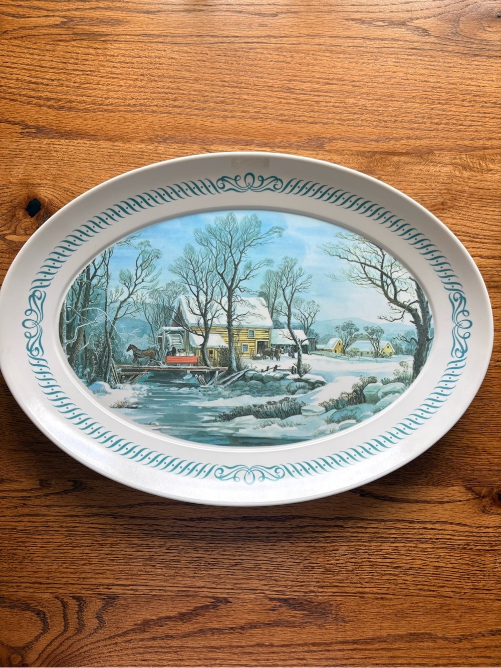 VTG Brookpark 1521 Currier & Ives 21" Melamine Platter Snow Covered Bridge Scene